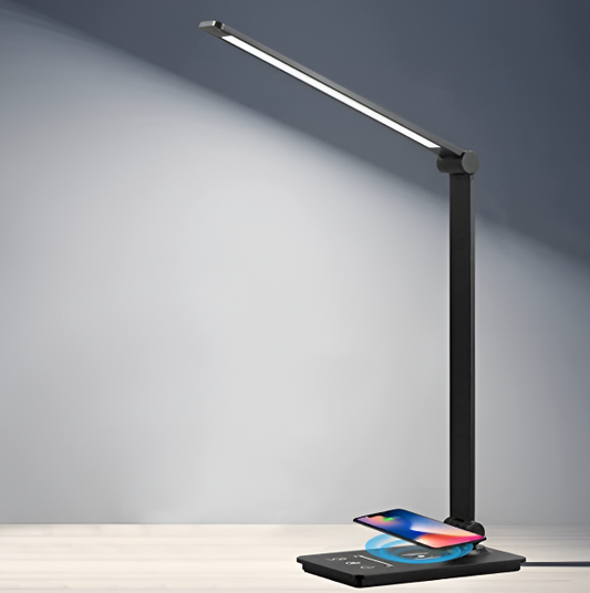 Black LED desk lamp with touch control shown on a surface