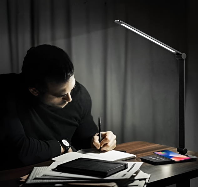 Close-up of the black LED desk lamp with touch control panel