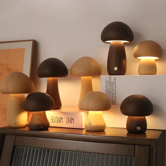 Minimalist mushroom-shaped touch table lamp on a nightstand