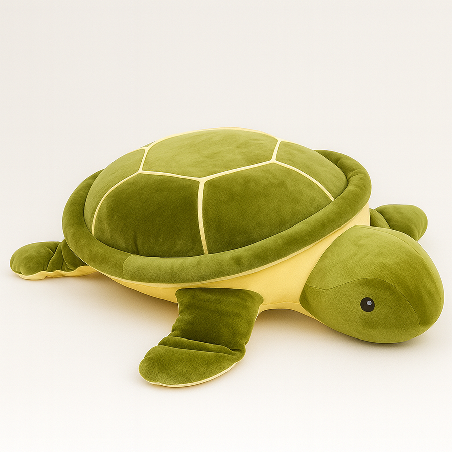 Green plush turtle with a soft shell resting on a white background.