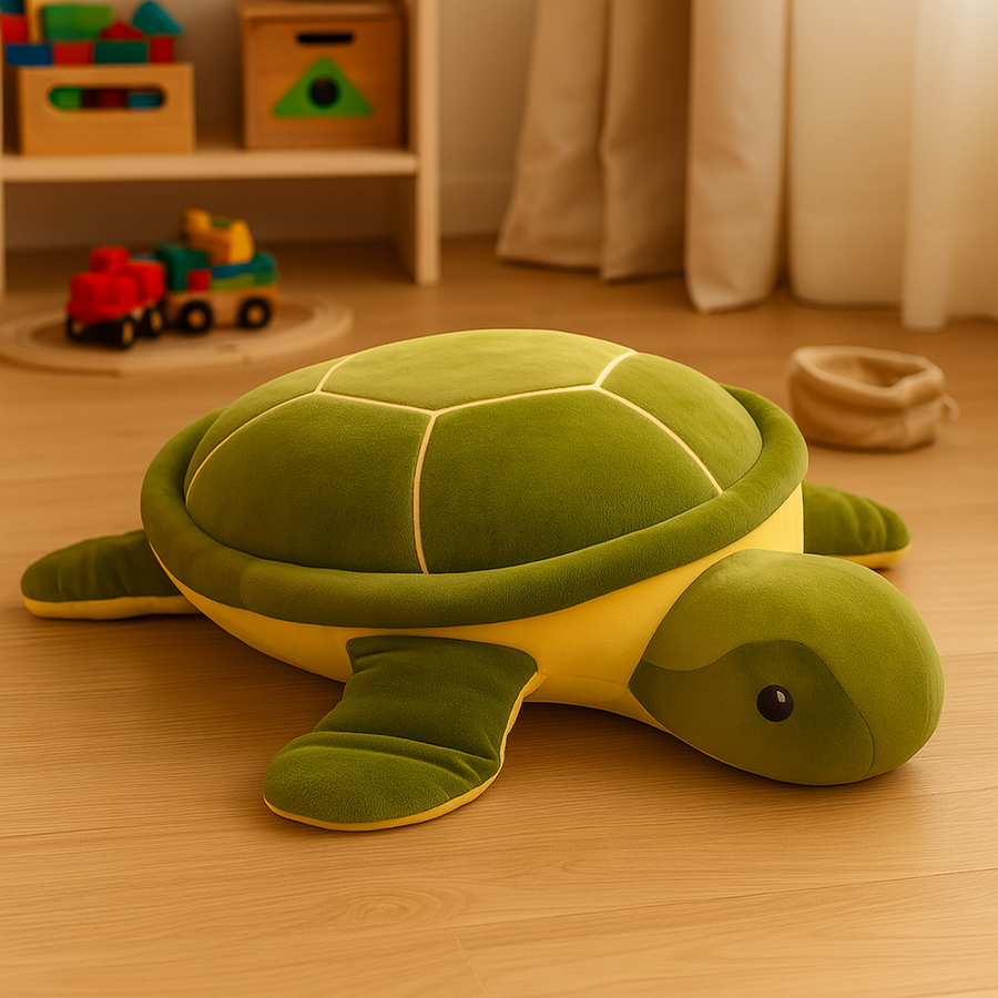 Soft turtle plush sitting alone against a white backdrop.