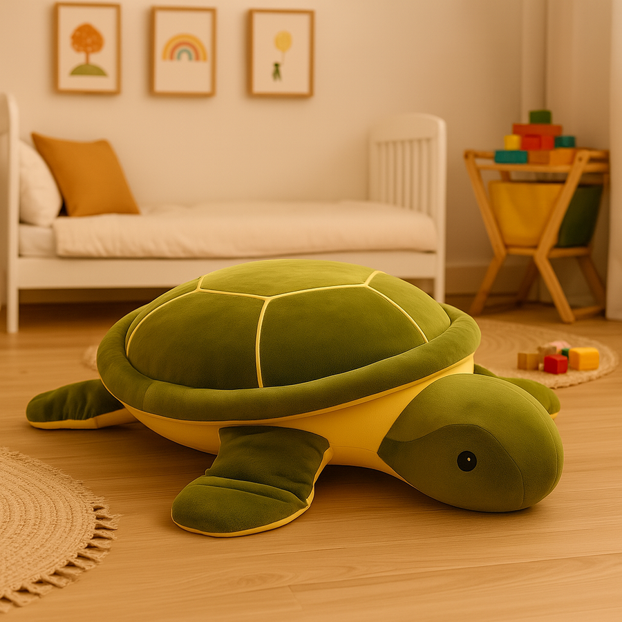 Cuddly green turtle plush toy shown on a plain white background.