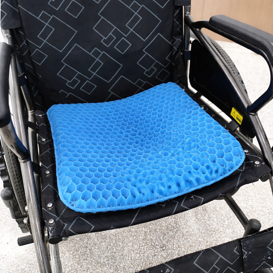 Person sitting comfortably on the cushion at a desk.