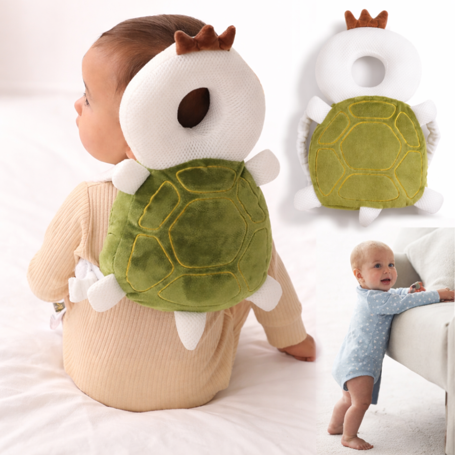 Baby wearing the turtle cushion while learning to walk