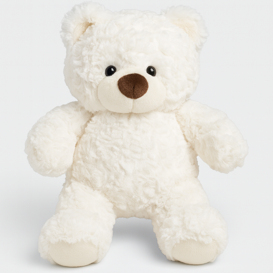 White fluffy plush teddy bear sitting in a woven basket