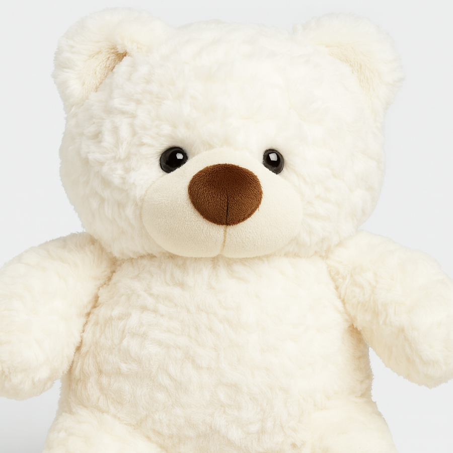 White fluffy plush teddy bear sitting in a woven basket