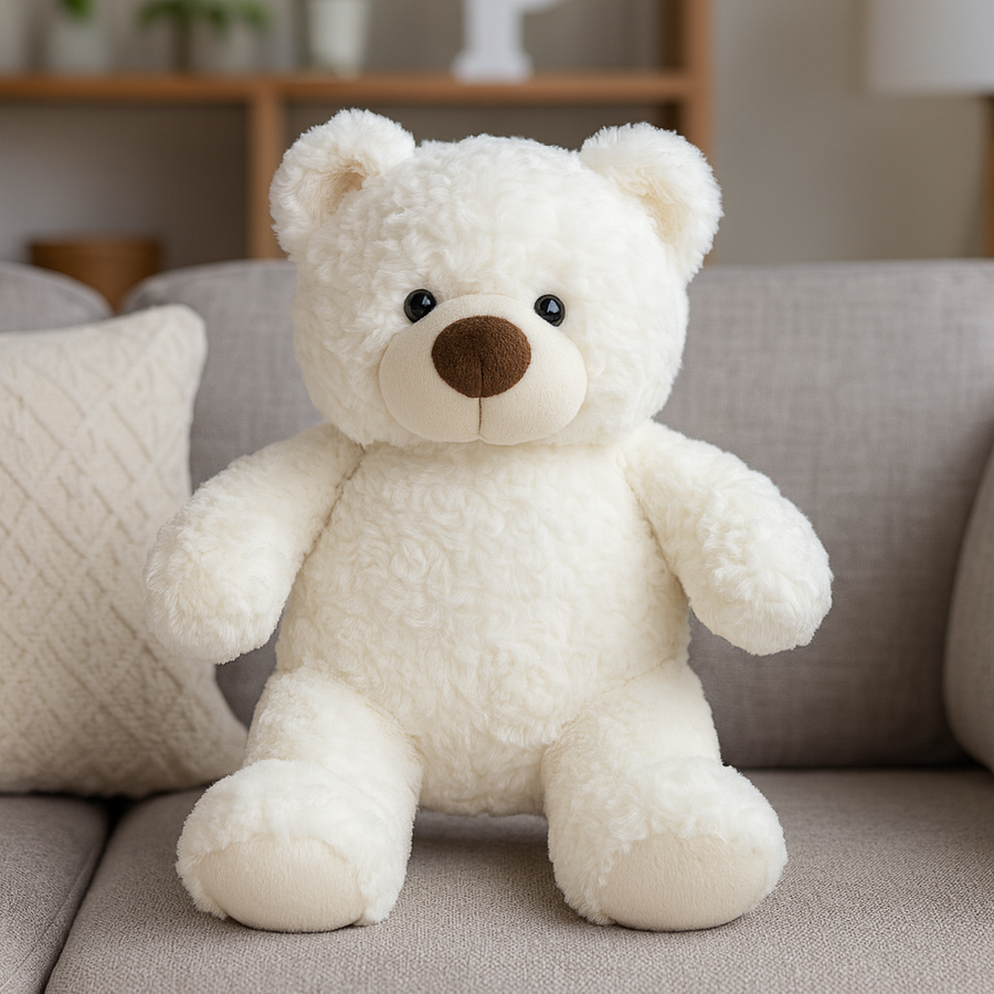 White fluffy plush teddy bear sitting in a woven basket