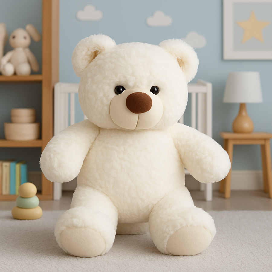 White fluffy plush teddy bear sitting in a woven basket