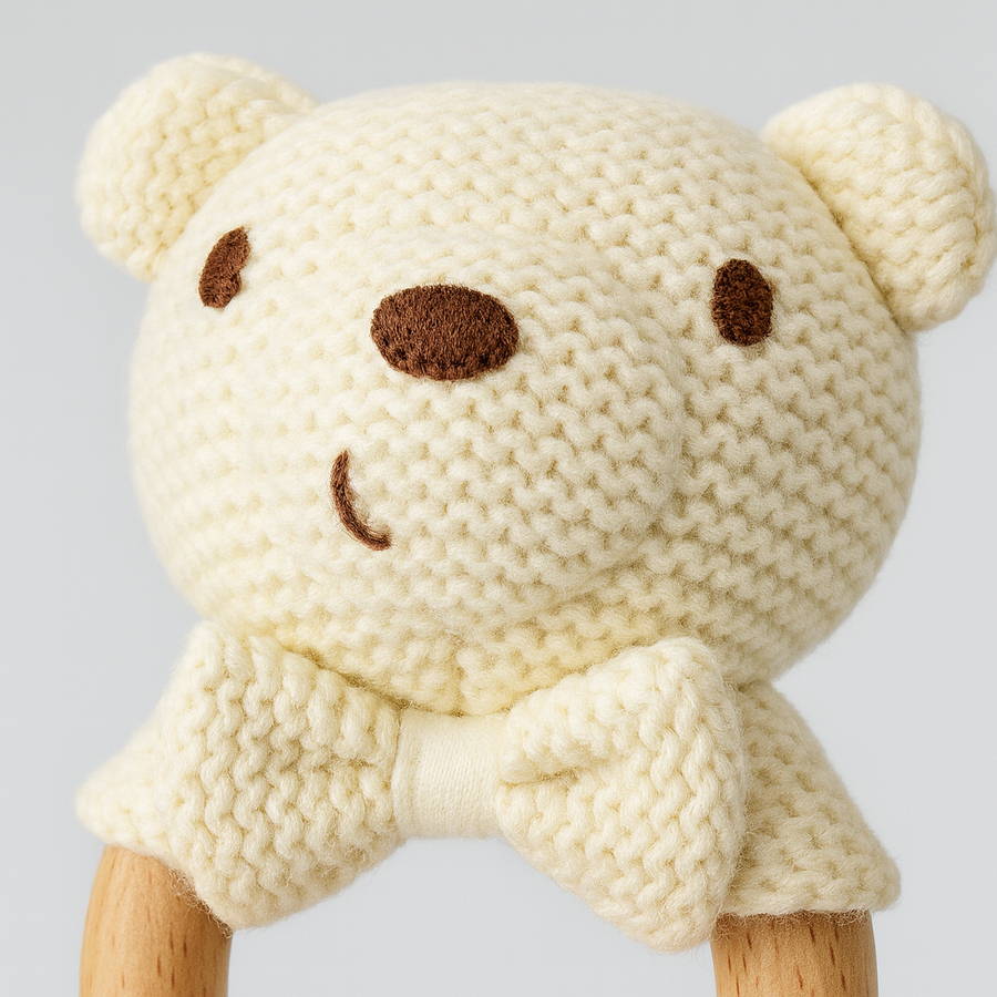 Cream-colored knit bear rattle with wood ring and soft bow