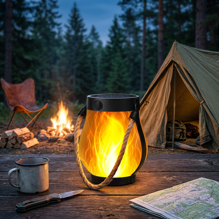 Solar lantern glowing warmly on an outdoor table