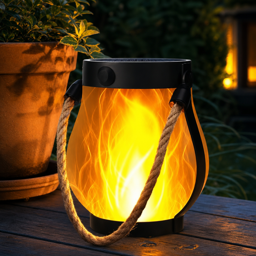 Solar lantern hanging from a hook on a patio