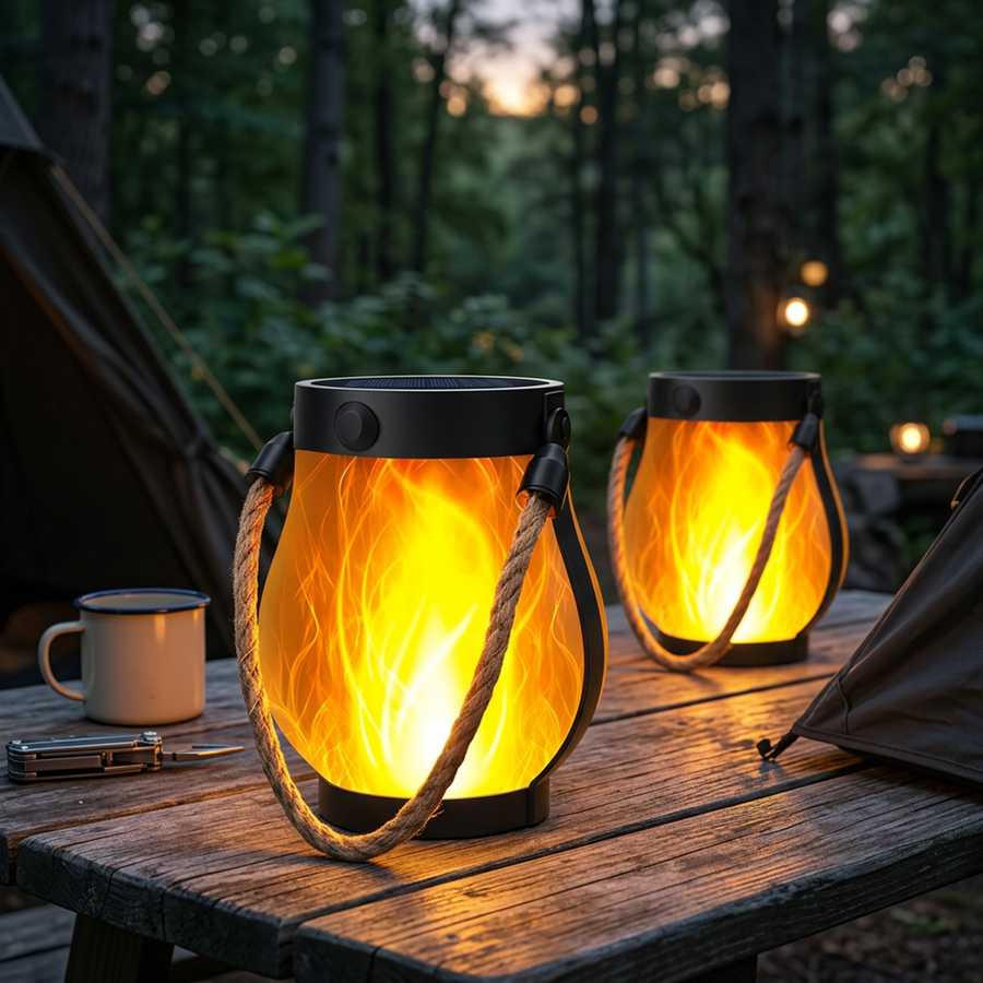 Solar lantern in daylight and lit with a flame effect at night
