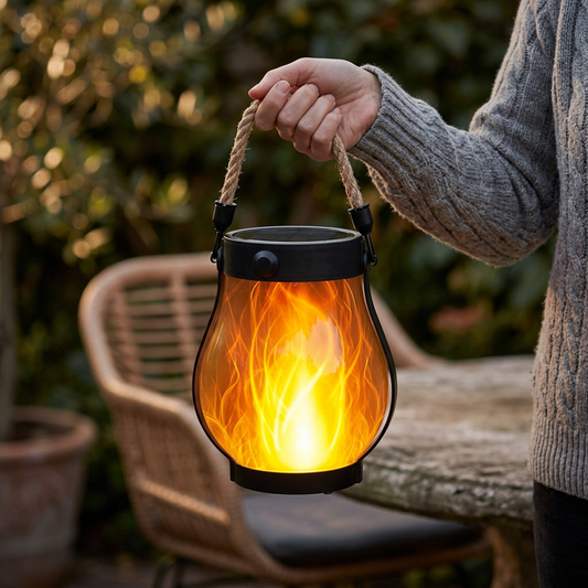 Solar lantern with hemp rope outdoors at dusk