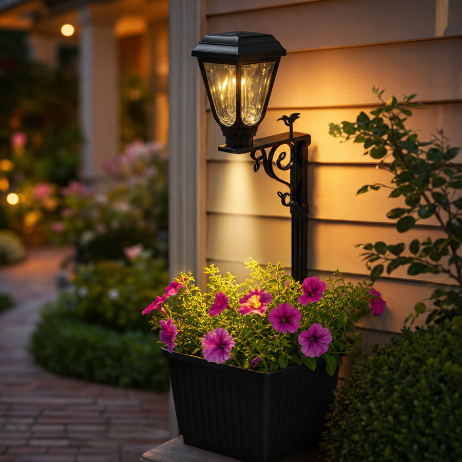 Solar lamp with planter insert mounted on an outdoor wall
