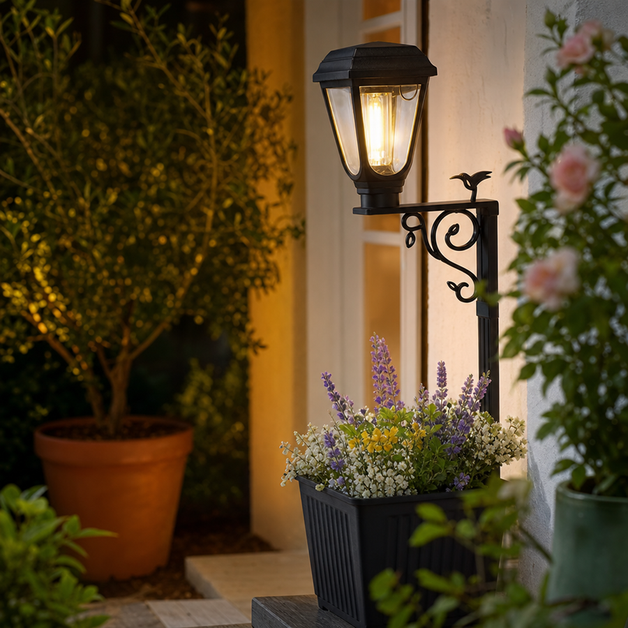 Close-up of the solar lamp's warm white light at night