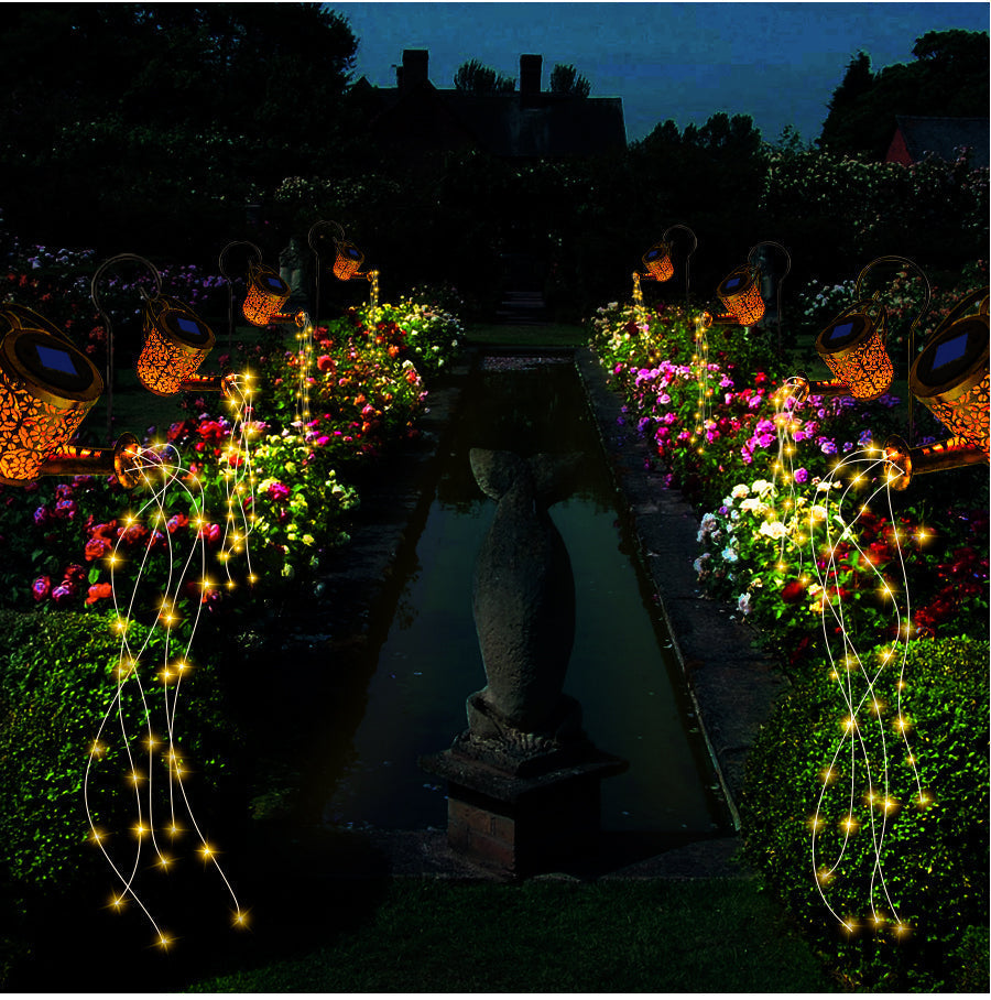 Solar LED garden lantern glowing at dusk