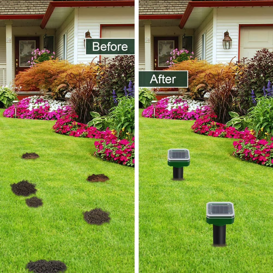 Rodent repellent stake placed in the ground near plants