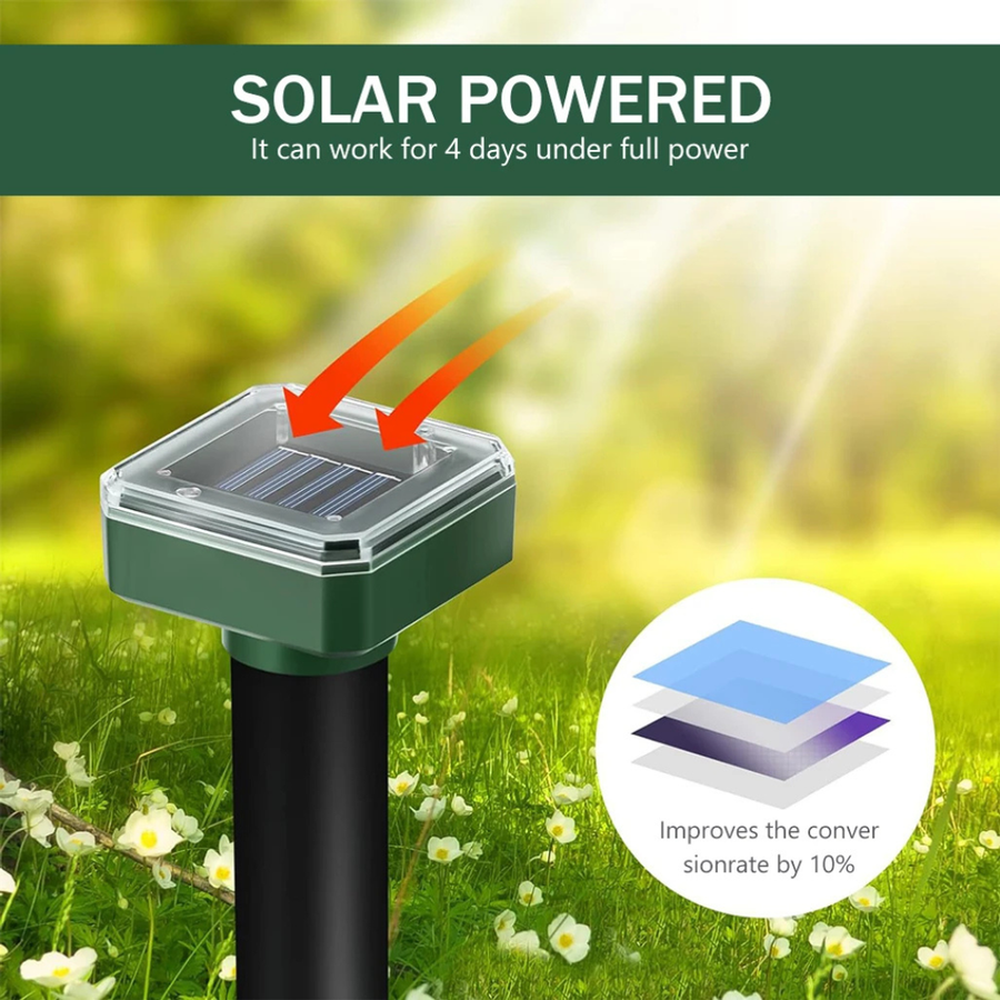 Close-up of the solar panel on top of the repellent stake