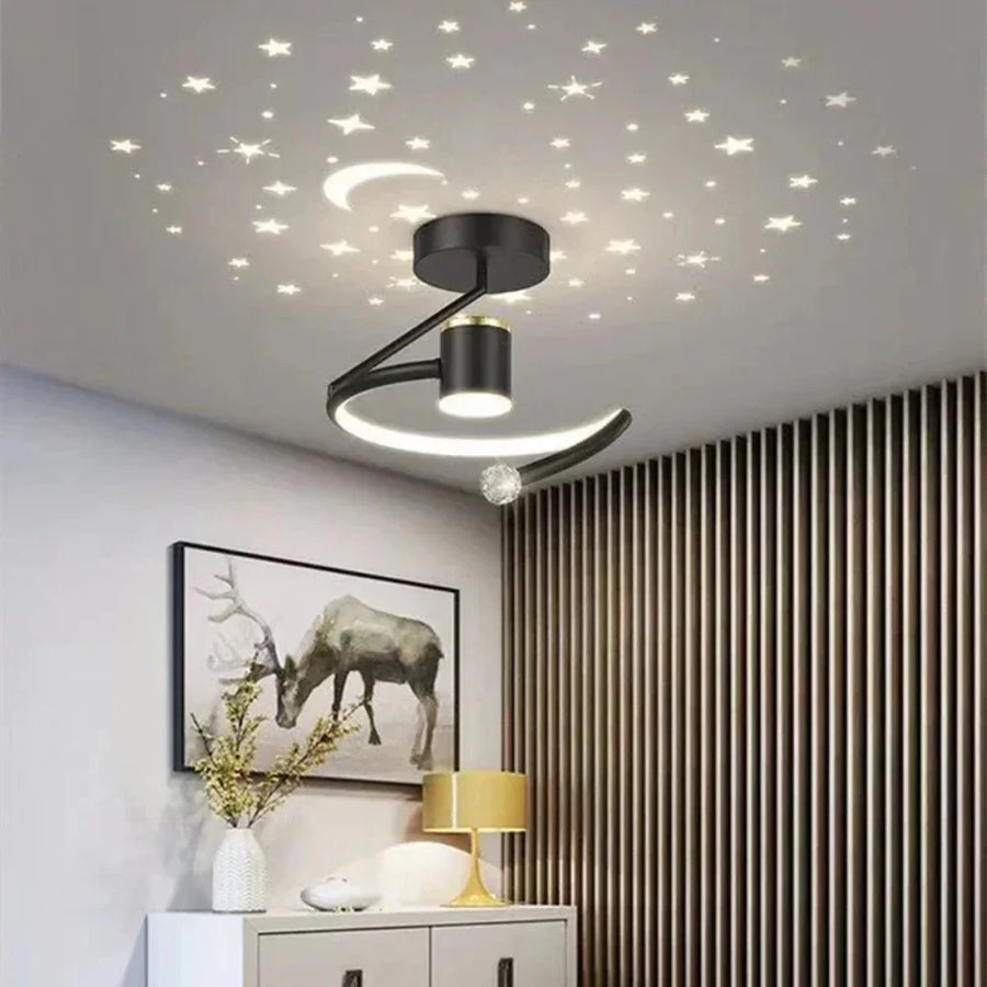 Close-up of the LED ceiling light showing its round design and warm white glow