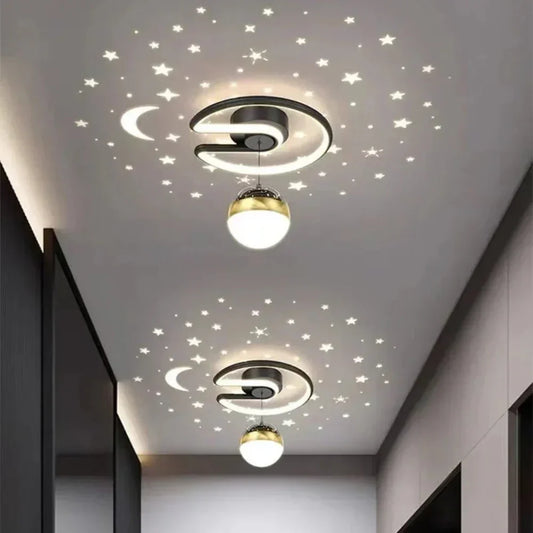 Modern Scandinavian round LED ceiling light with starry sky effect, front view