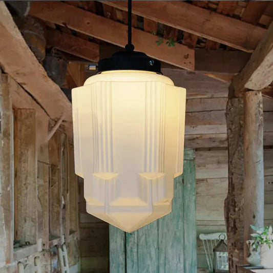 Front view of the mid-century pendant light with geometric shade