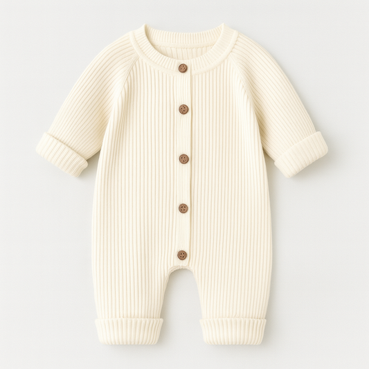 White ribbed knit footed romper with snap buttons in front, shown against a neutral background.