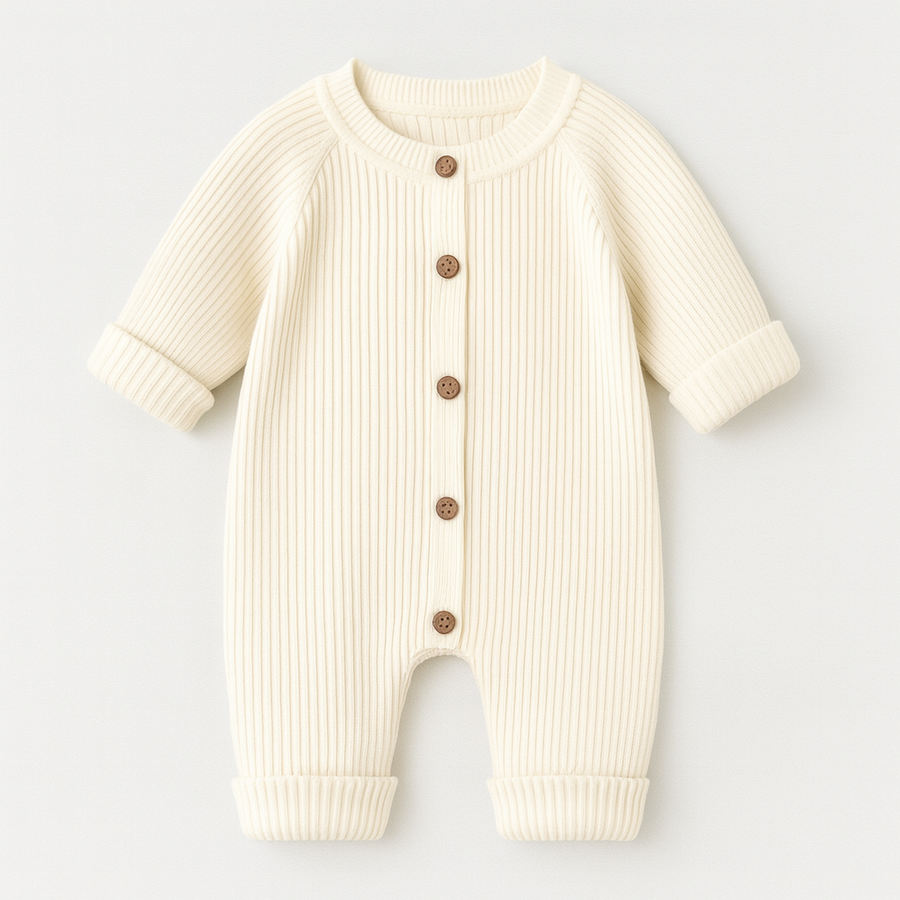 White ribbed knit footed romper with snap buttons in front, shown against a neutral background.