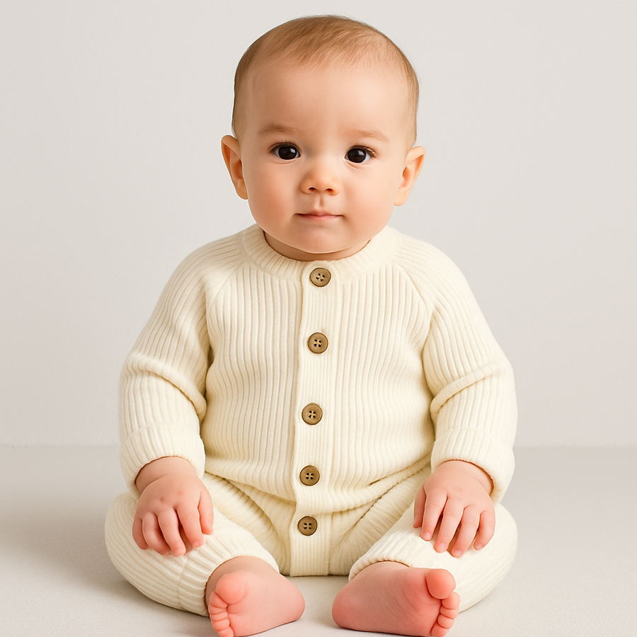 Close-up of ribbed knit fabric on baby romper with front snap closures.