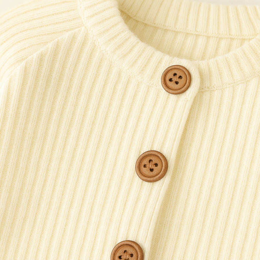 Baby footed romper with round neckline and long sleeves laid flat.