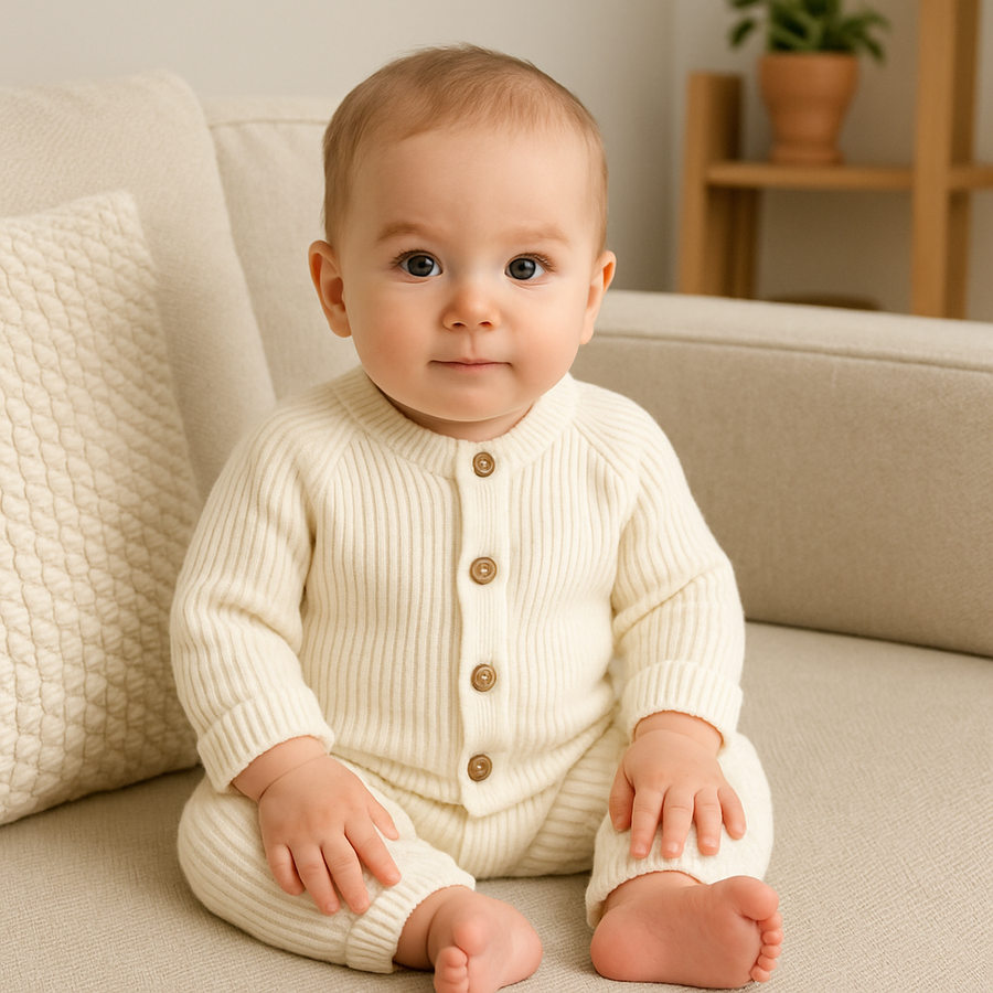 Ribbed knit baby romper displayed against a plain background.