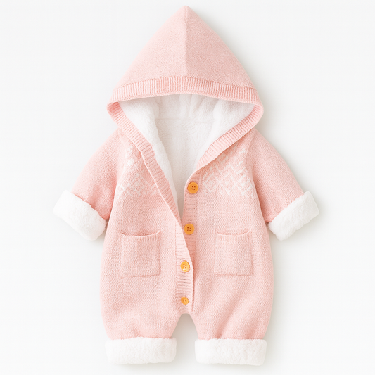 Pink knit hooded baby suit with white fleece lining and wood buttons.