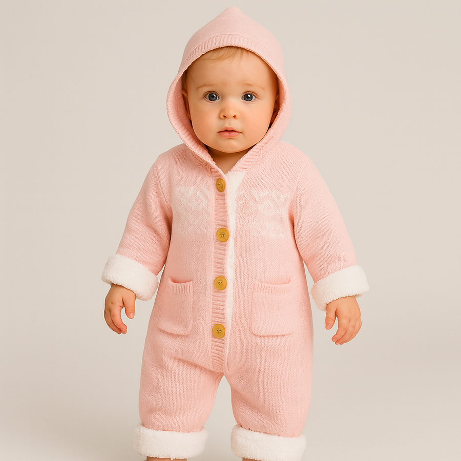 Pink knit baby suit laid flat, showing the hood and button closure.