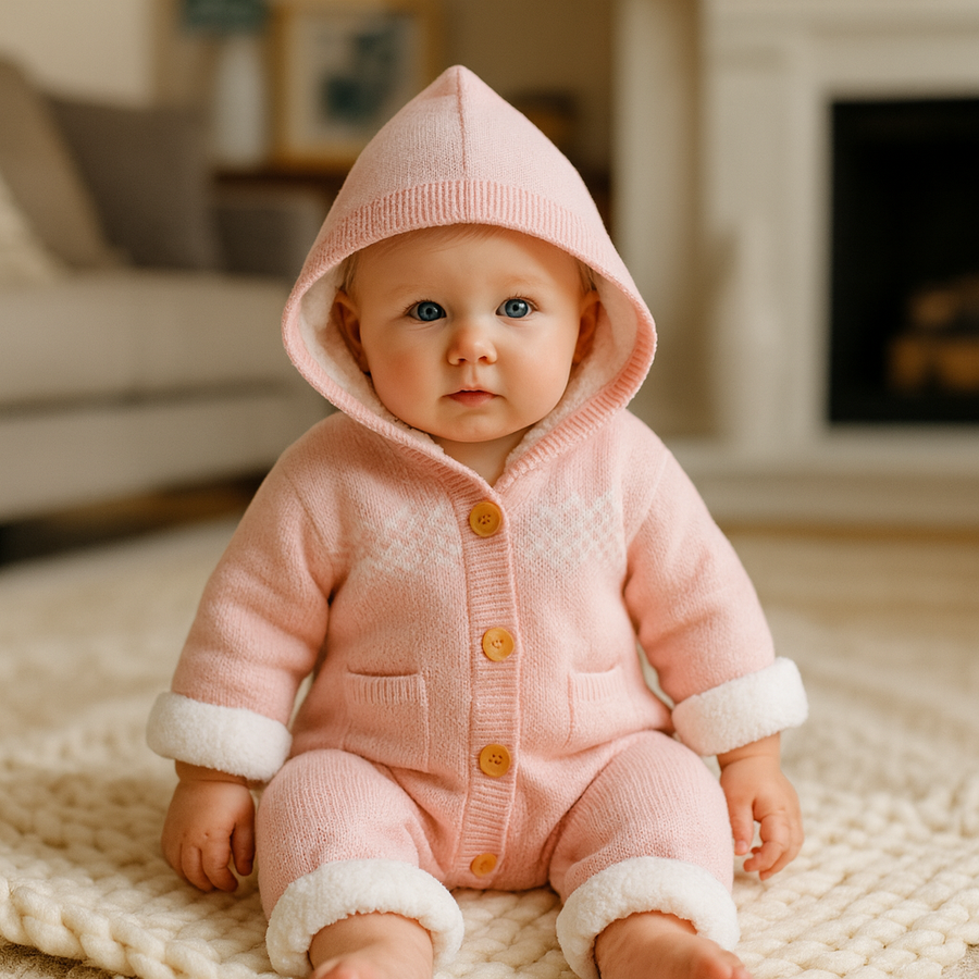 Baby suit hood detail with knit texture and smooth stitching.