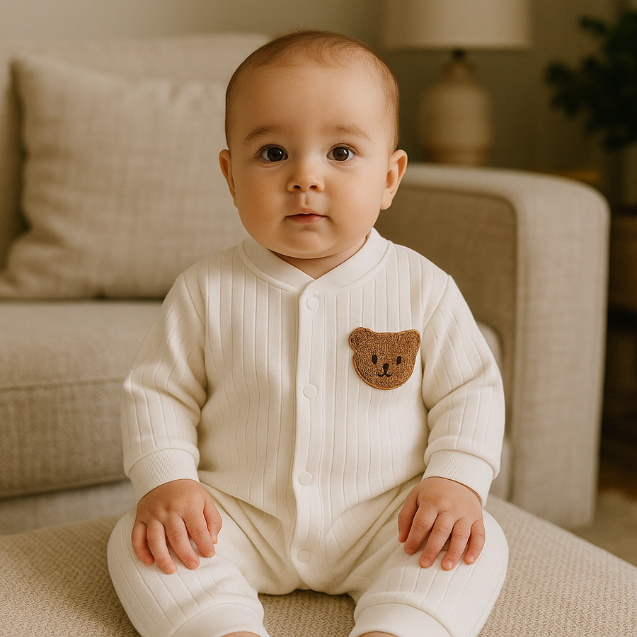 Detail of the ribbed fabric and snap closures on the baby overall