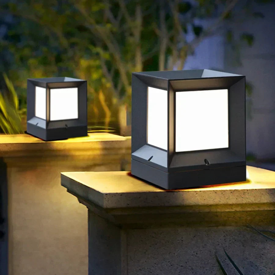 Close-up detail of the modern outdoor pillar gate lamp
