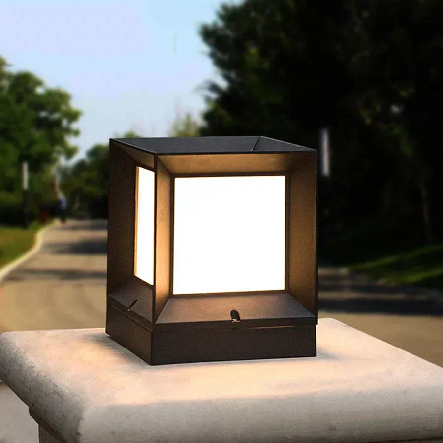 Close-up view of the outdoor pillar gate lamp housing