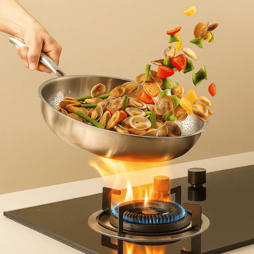 Frying pan set in three sizes on a kitchen counter.