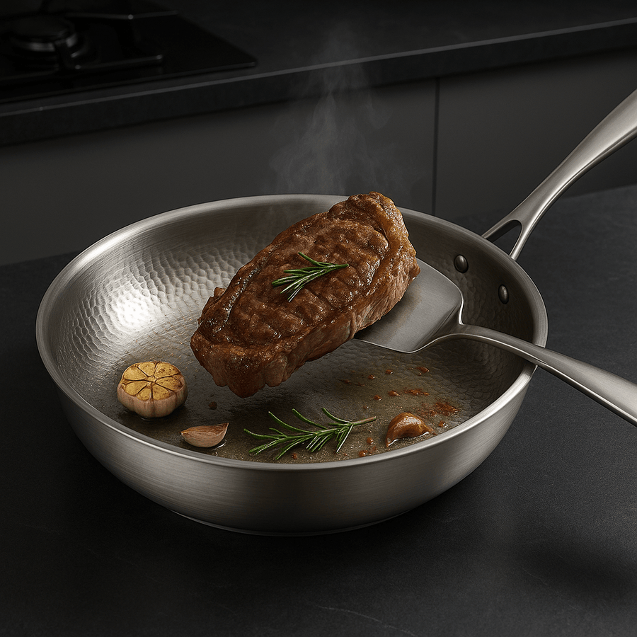 Side view of the frying pan showing its handle and rim.