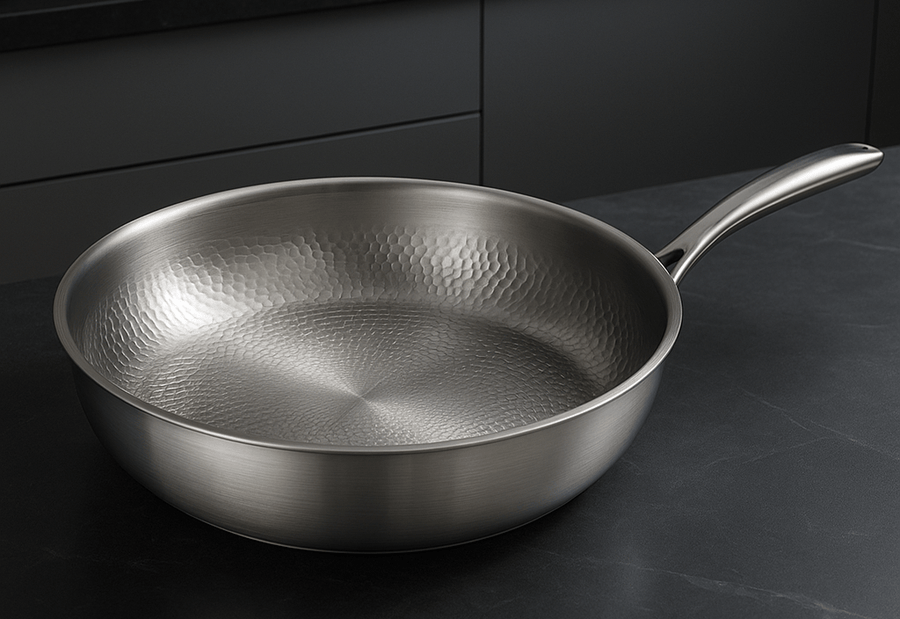 Frying pan with lid resting on a stove burner.