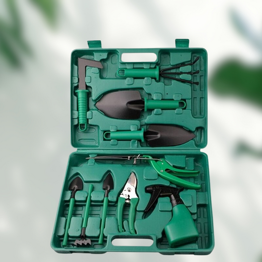 Garden tool set displayed on a plain background