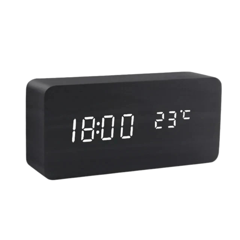 Triangular clock with digital LED display glowing