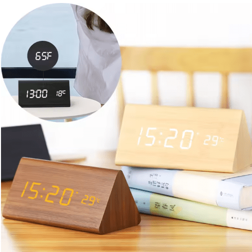 Front view of the triangular LED table clock