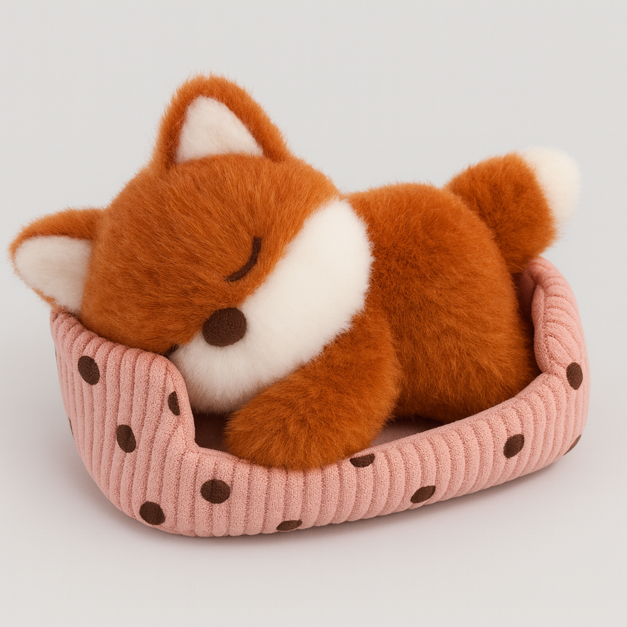 Sleeping plush fox with white details lying in a pink polka-dot fabric bed.