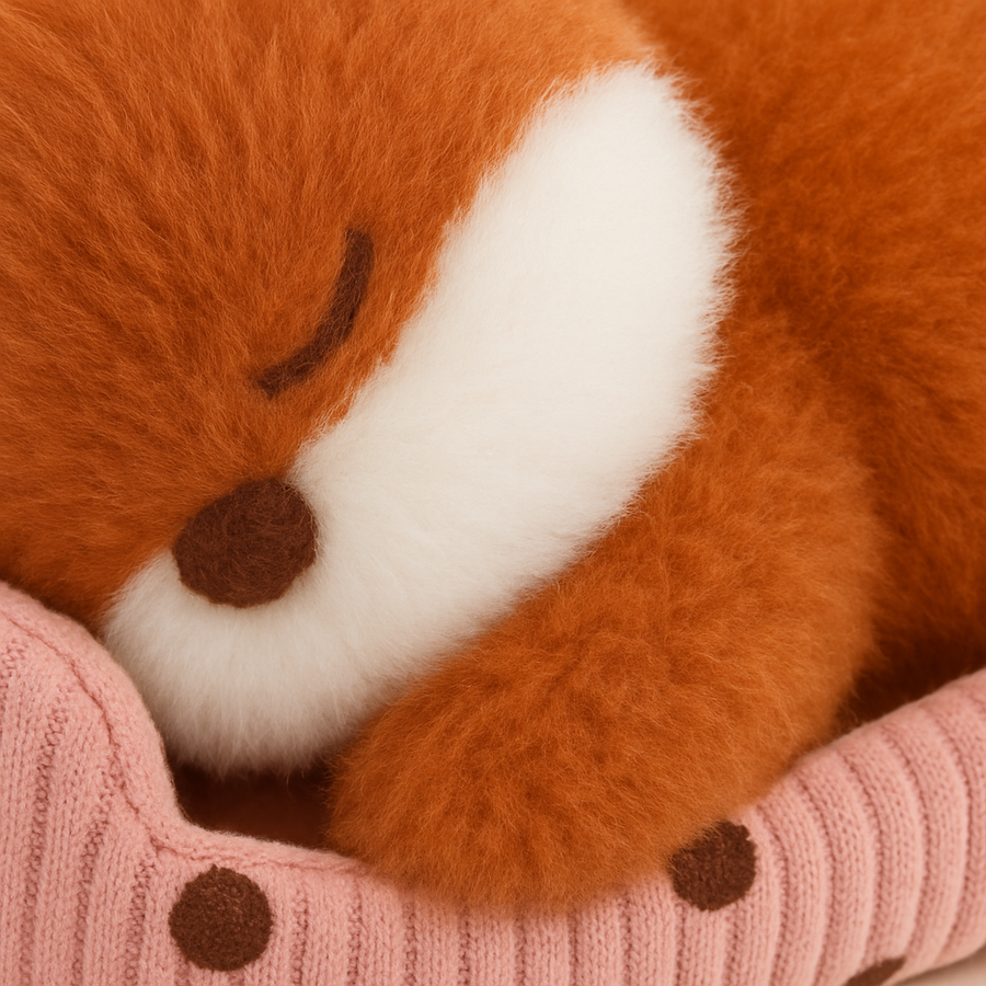 Sleeping plush fox with white details lying in a pink polka-dot fabric bed.