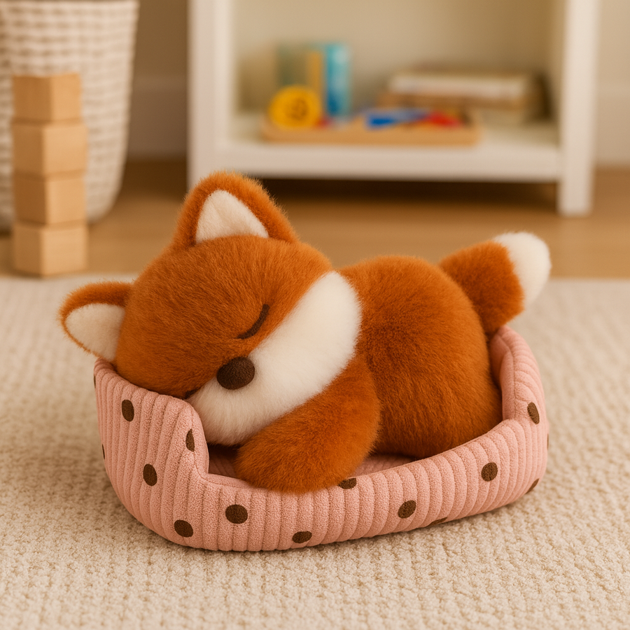 Sleeping plush fox with white details lying in a pink polka-dot fabric bed.