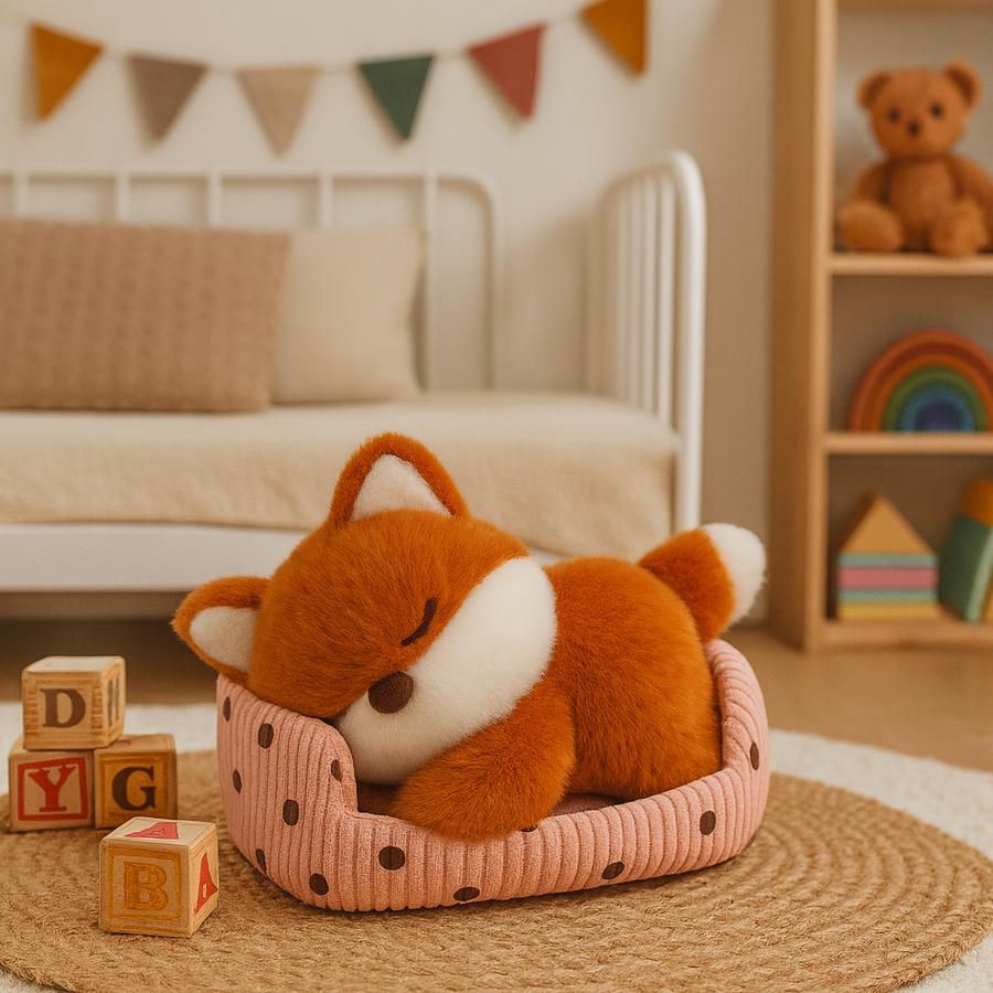 Sleeping plush fox with white details lying in a pink polka-dot fabric bed.