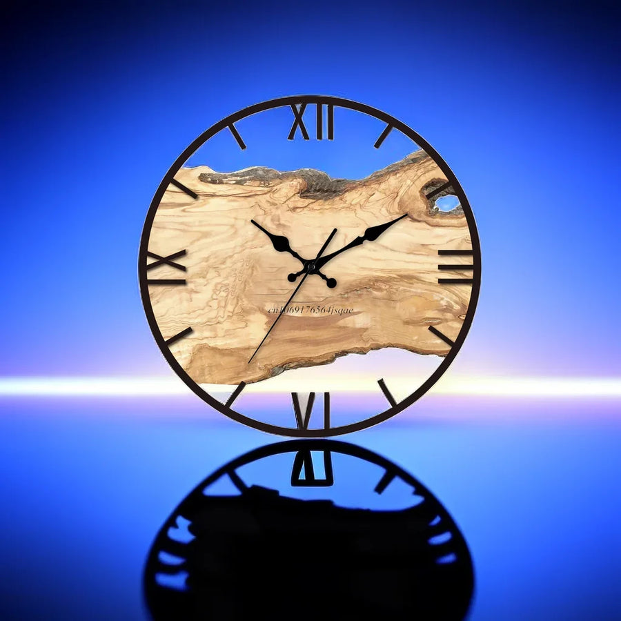 Detail shot of the wall clock's clear frame and markers.