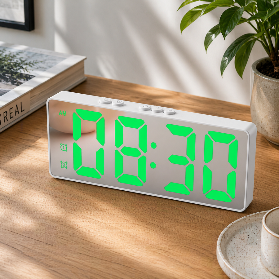 Clock displaying time with a soft green glow at night.