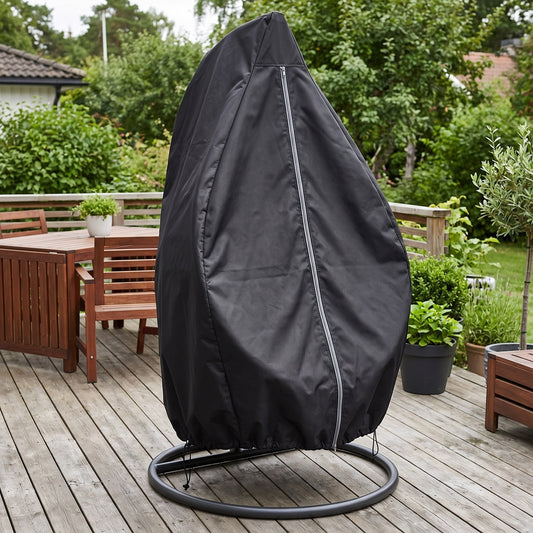 Black cover on a hanging egg chair on a wood deck