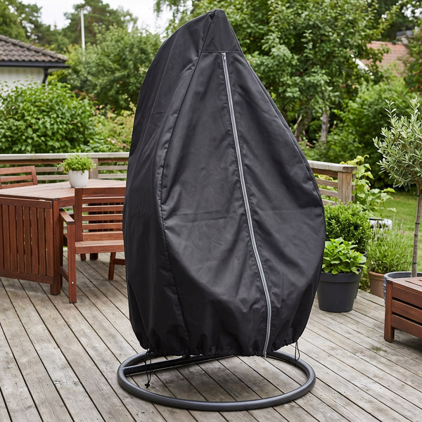 Black cover on a hanging egg chair on a wood deck